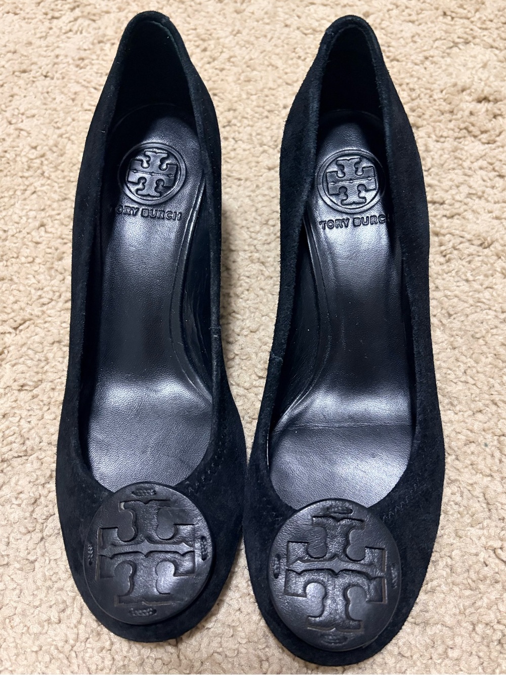 Tory Burch Black Suede Wedge Pumps with Logo Medallion